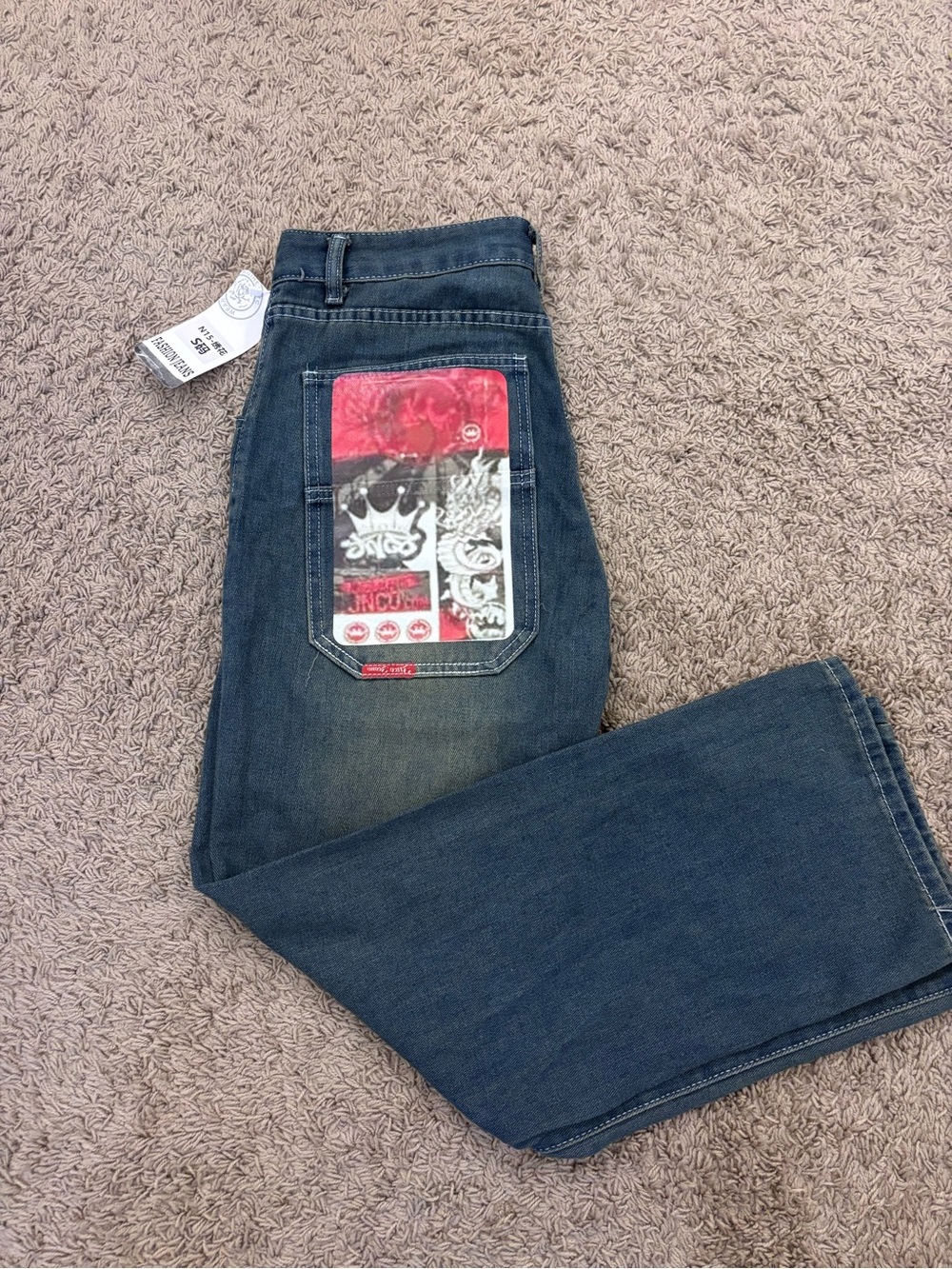 Baggy Wide Leg Jeans Youth Small Blue Denim White Embroidered Y2K Streetwear